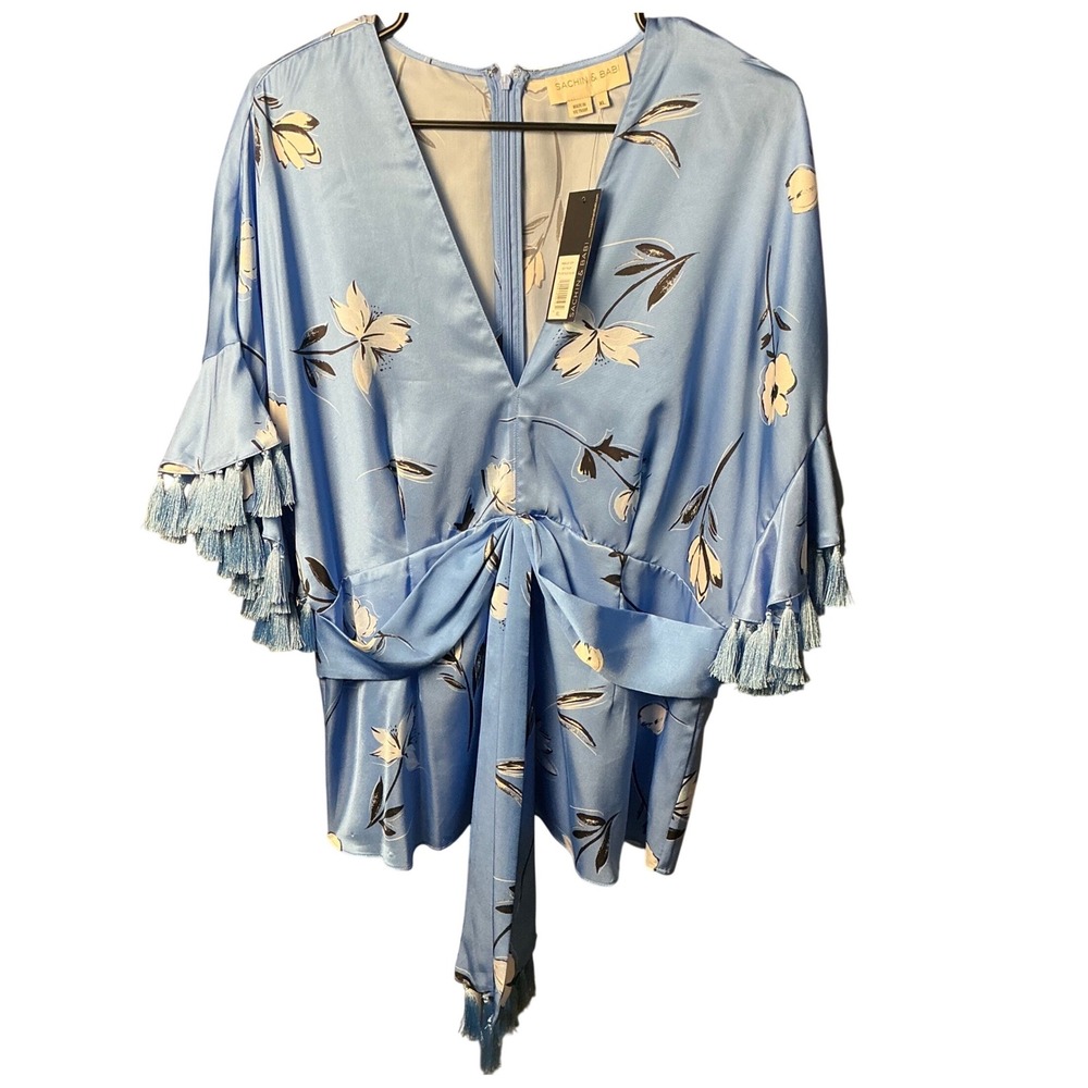 Sachin & Babi Amelia Blue Floral Tassel Sleeve V-Neck Tie Front Blouse XL NEW